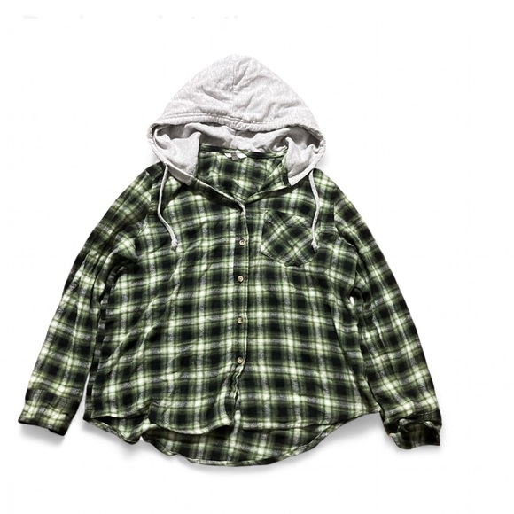 Time and Tru Green Checkered Shirt with Gray Hood - Picture 1 of 3